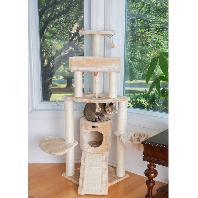 Thick Wood Cat Tower With Basket Lounge, Ramp, Beige