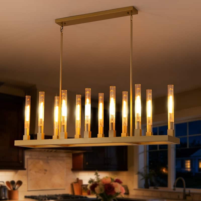 54'' Gold Farmhouse Rectangular Chandelier 12-Light Kitchen Island Lighting with Glass Tube Shades for Living Room & Foyer - N/A