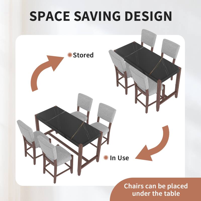 5-Piece Counter Height Dining Table Set, Faux Marble Bar Table and 4 Upholstered-Seat Chairs