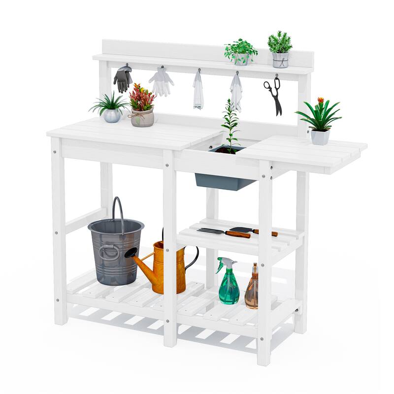 HDPE Patio Outdoor Potting Table, Versatile Gardening Planting Workbench - White