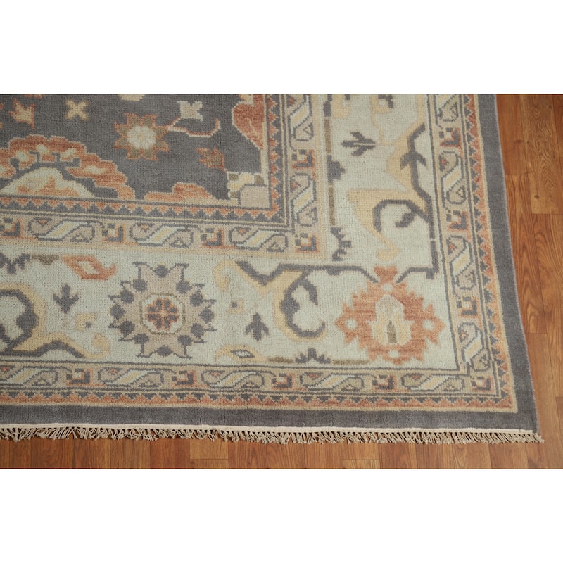 Gray Oushak Area Rug Hand-Knotted Transitional Floral Wool Carpet - 8'9" x 11'8"