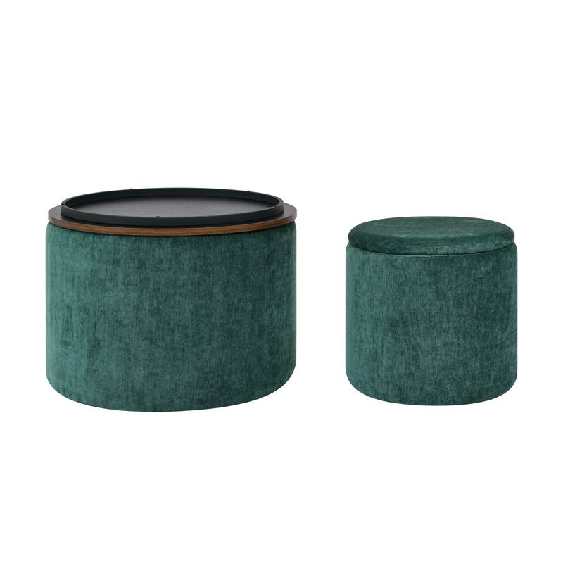 Roomfitters 2-Piece Round Chenille Storage Ottoman Set with Drum-Shaped Stool and MDF Top, Hidden Compartment