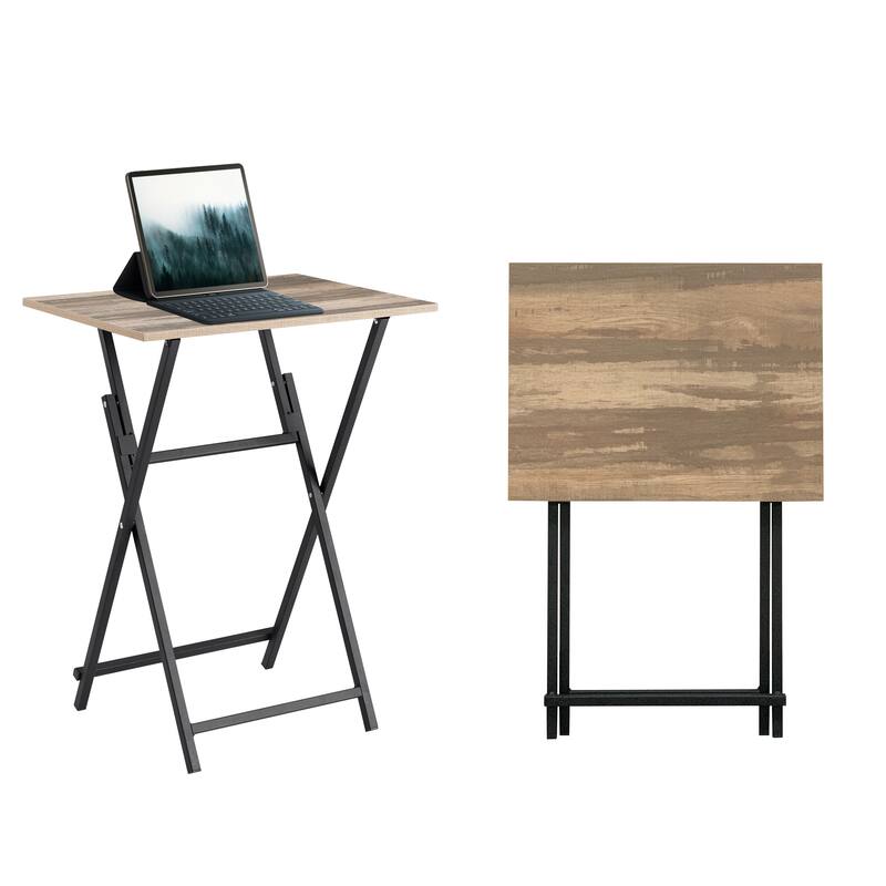 2-Piece Folding TV Tray Table Noassembly Required Portable Sofa Side Table, Industrial Snack Table, Easy to Fold Wood Rustic