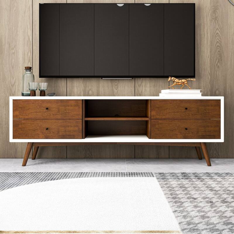 Novel Mid Century White Tv Stand With Solid Wood Frame TV Stand with 6 Storage Cabinet , Modern Walnut TV Console - White