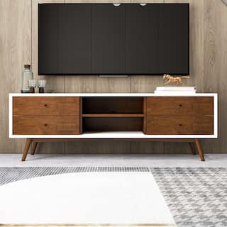 Novel Mid Century White Tv Stand With Solid Wood Frame TV Stand with 6 Storage Cabinet , Modern Walnut TV Console