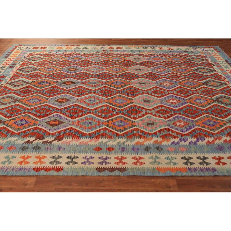 Geometric Kilim Area Rug Flatweave Oriental Wool Carpet - 8'4"x 11'2"