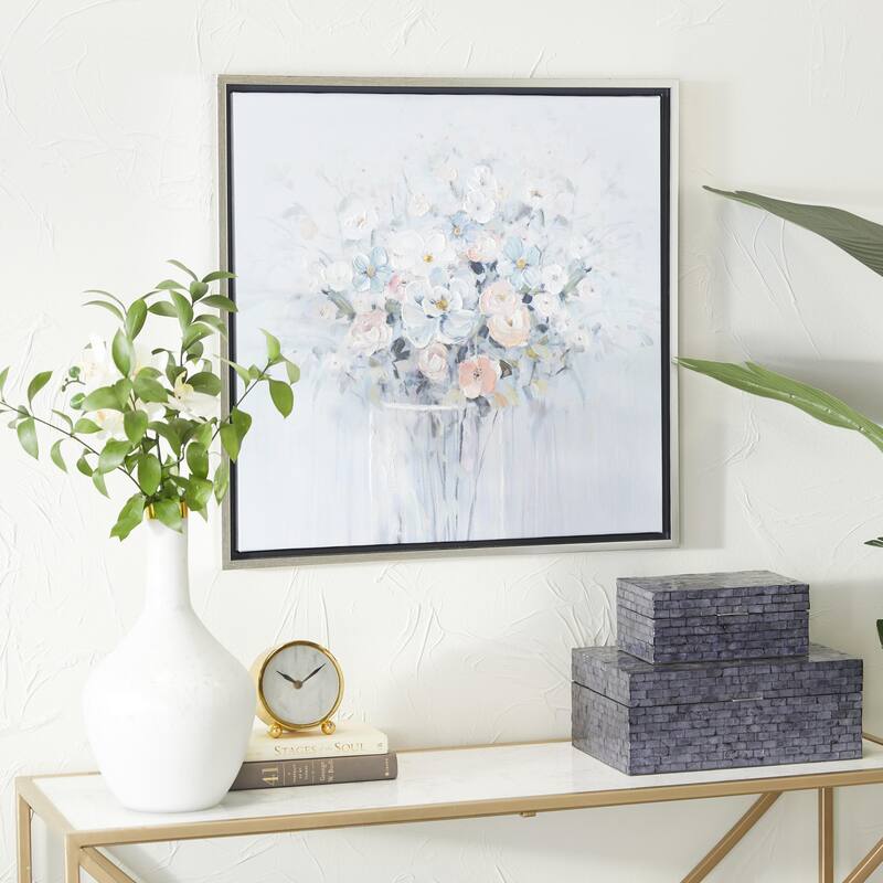 Canvas Floral Bouquet Living Room Framed Wall Art with Silver Frame - Blue - Roche River Decor
