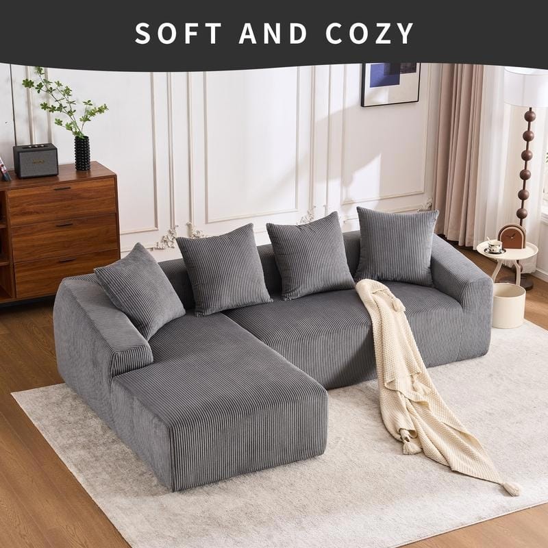 Chaise 3-Seater Sofa, Plush Corduroy, 4 Pillows, Compact