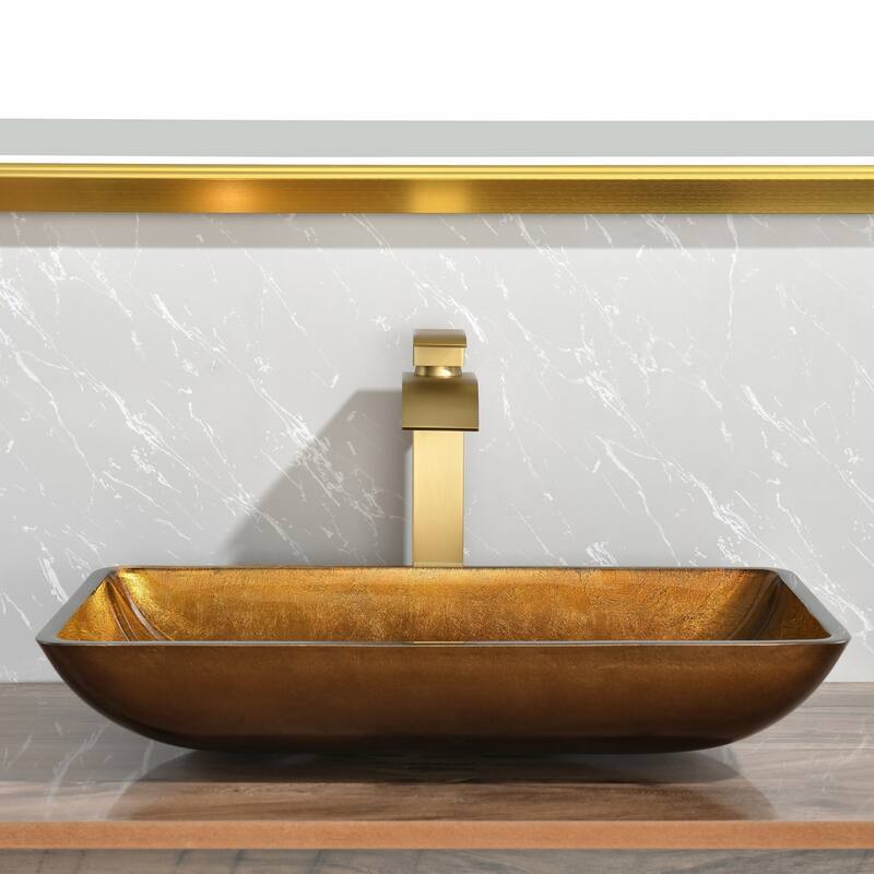 Glass Rectangular Vessel Bathroom Sink with Faucet and Pop Up Drain