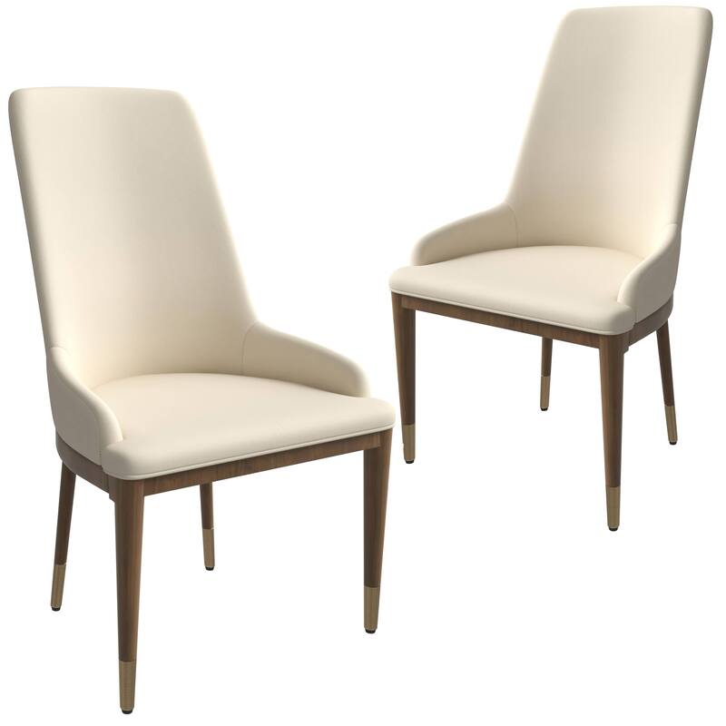 Dining Chair Upholstered in Leather with Rubberwood Frame Set of 2 Side Chair High Back and Gold Accent Legs