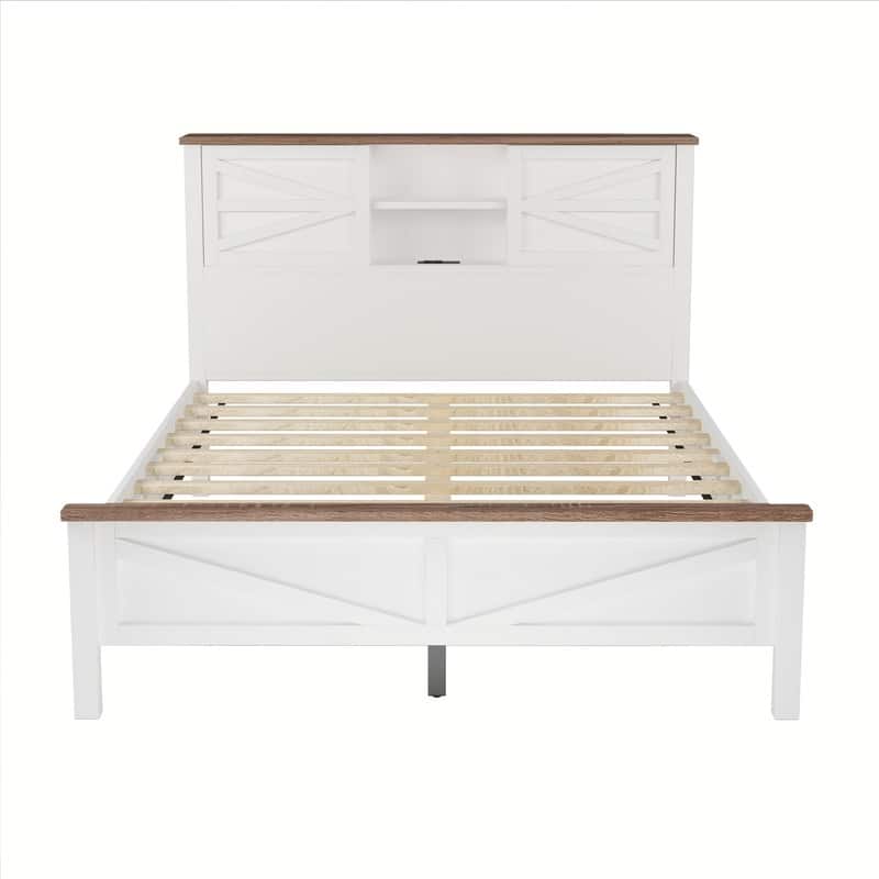 3-Pieces Farmhouse Bedroom Sets, Platform Bed with Sliding Door Storage Headboard and Charging, Nightstand and Dresser