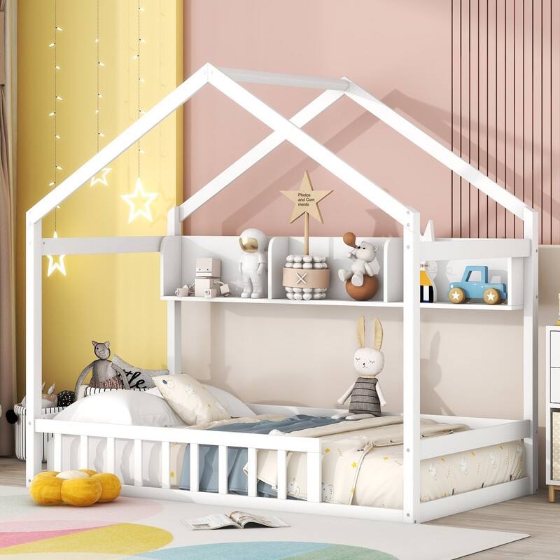 Wooden House Bed with Storage Shelf，Fence and Roof