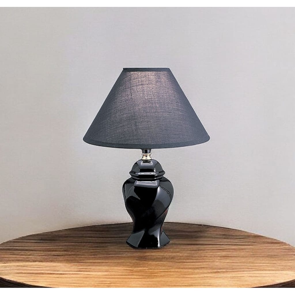 13" Modern Black Ceramic Table Lamp for Bedroom with Empire Linen Shade and Glossy Finish Cord Switch - 13"H x 10"W x 10"D