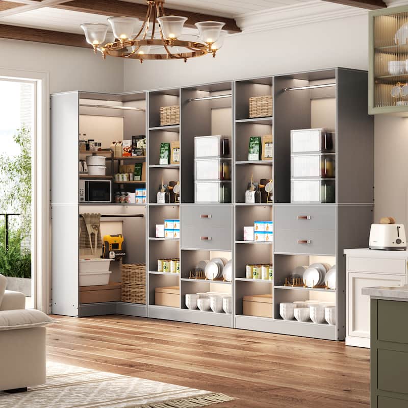 Set of 3 Corner Closet System with Tower Shelves, Closet Organizer with Drawers and Hanging Rods