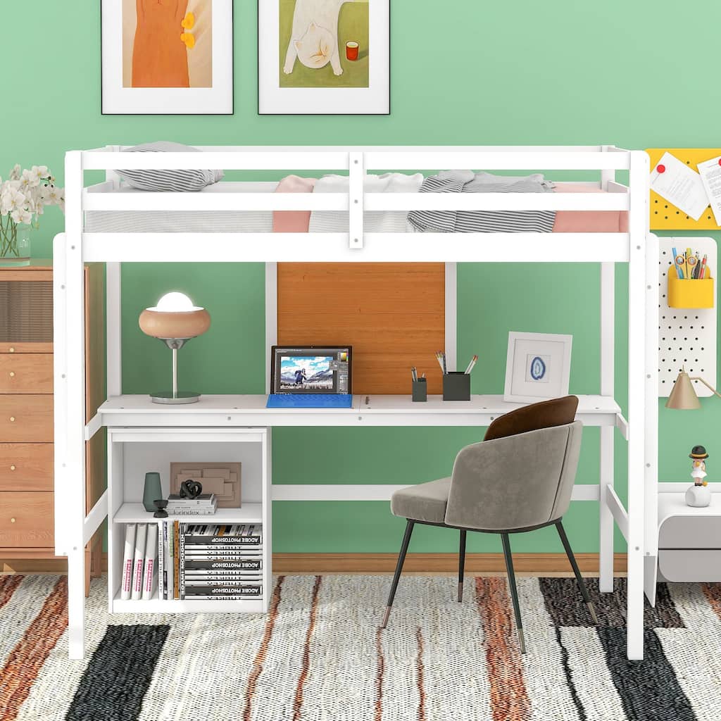 Kids Twin Loft Bed with Desk, Cabinet and Writing Board, Guardrails