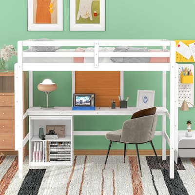 Loft Bed with Desk and Writing Board, Wooden Loft Bed with Nightstand