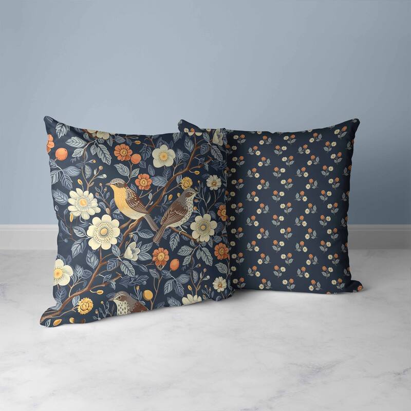Hidden Birds Faux Suede Reversible Throw Pillow Blue and Orange