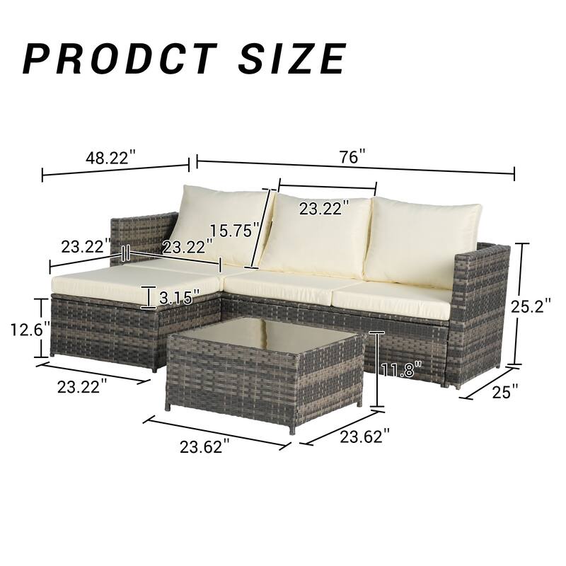 2-Pieces Outdoor Patio L-Shaped Sectional Sofa Set with Glass Coffee Table