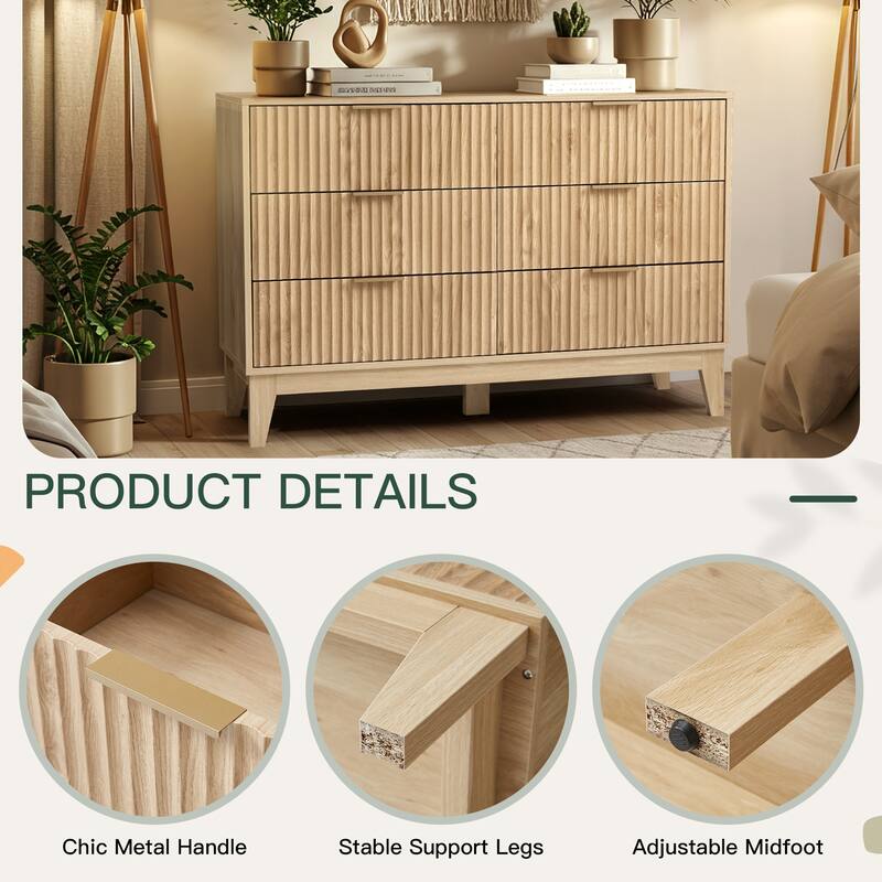 EROMMY Fluted 6-Drawer Dresser – Mid Century Modern Wide Chest with Metal Handles for Bedroom & Living Room