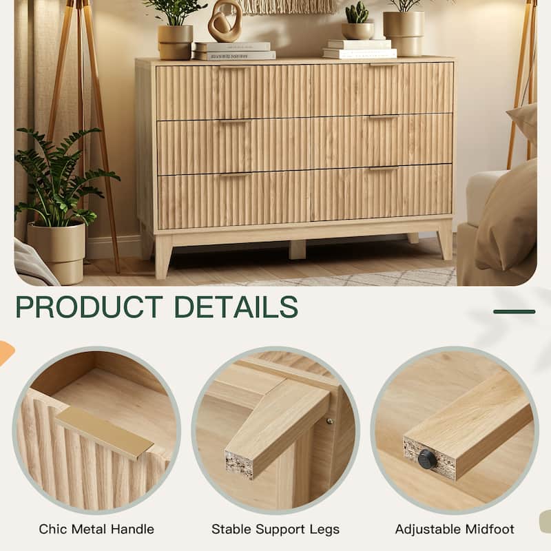 EROMMY Fluted Dresser 6 Drawer Mid Century Modern Dresser Wide Chest of Drawers with Metal Handles for Bedroom Living Room