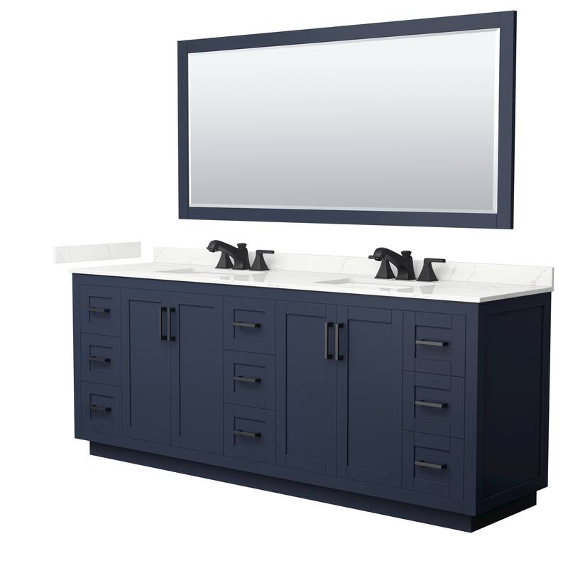 Miranda 84-inch Double Vanity, Quartz Top, 70-inch Mirror - Dark Blue, Black Trim, Giotto Quartz Top
