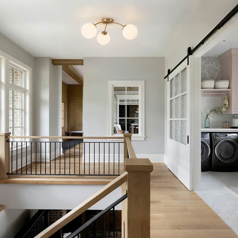 6-Light Brass Semi-Flush Mount Ceiling Light with Opal Glass Shades - 24.2-in W x 9.05-in H