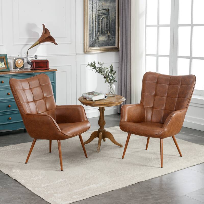 Vintage Wingback Chair Tufted Button PU Leather Accent Chair