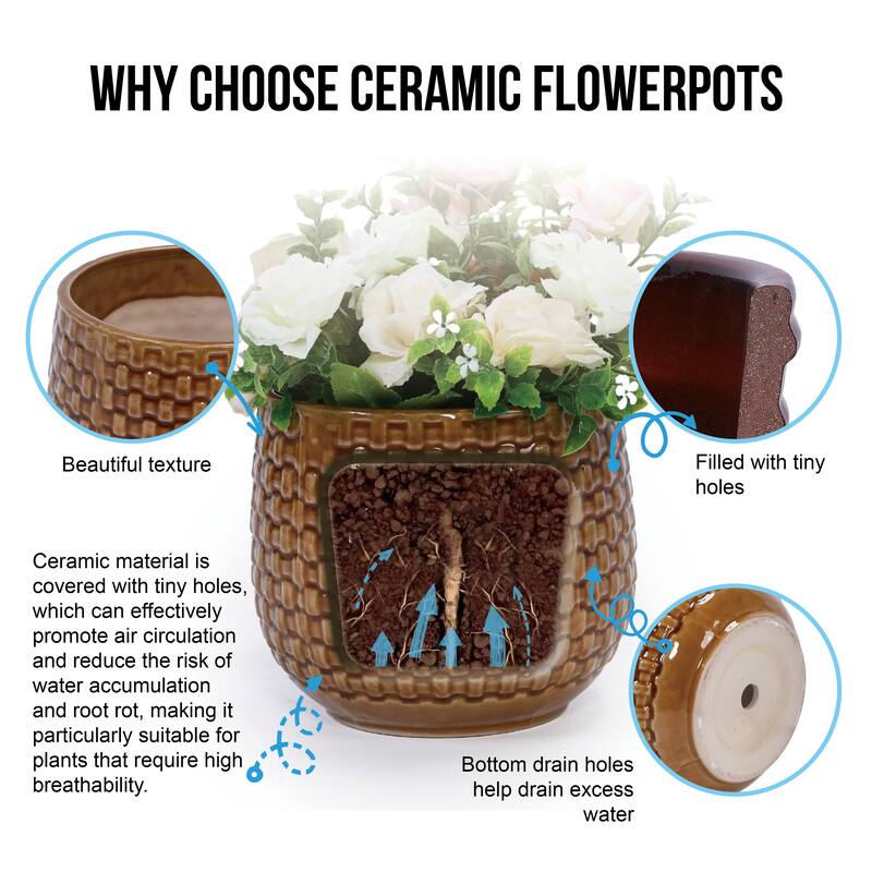 Set of 3 Ceramic Planters Geometric Texture for Orchids and Succulents