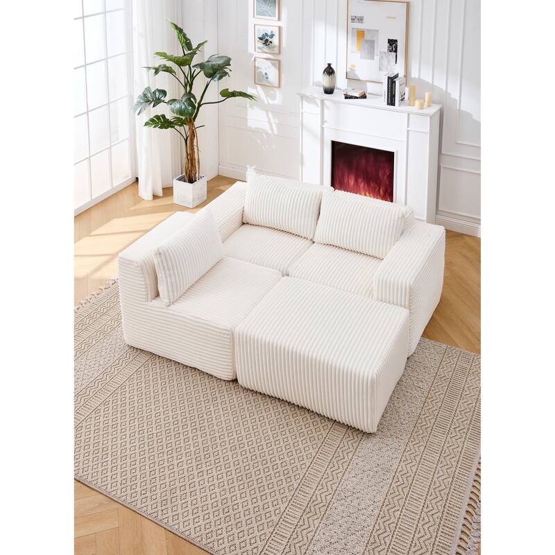 L-Shape Sectional Sofa with Ottoman, Fabric Upholstered Floor Cloud Couch, Modular Corner 3 Seat Sofa with Deep Seat
