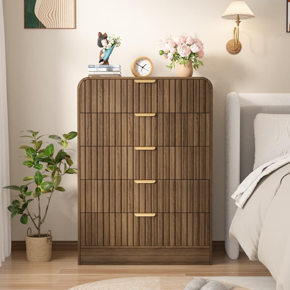 VEIKOUS 5-Drawer Chest of Drawers with Curved Edges & Waveform Fluted Panel Design, Wooden Dresser for Bedroom