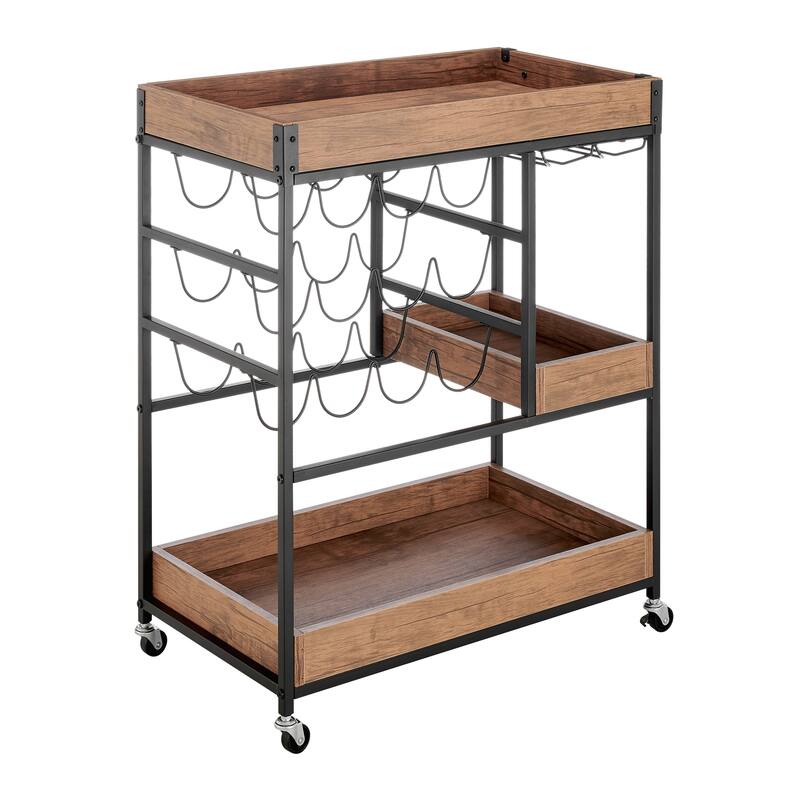 Rustic Walnut Veneer and Metal Rolling Farmhouse Wine Bar Cart with Wine Bottle and Glass Rack
