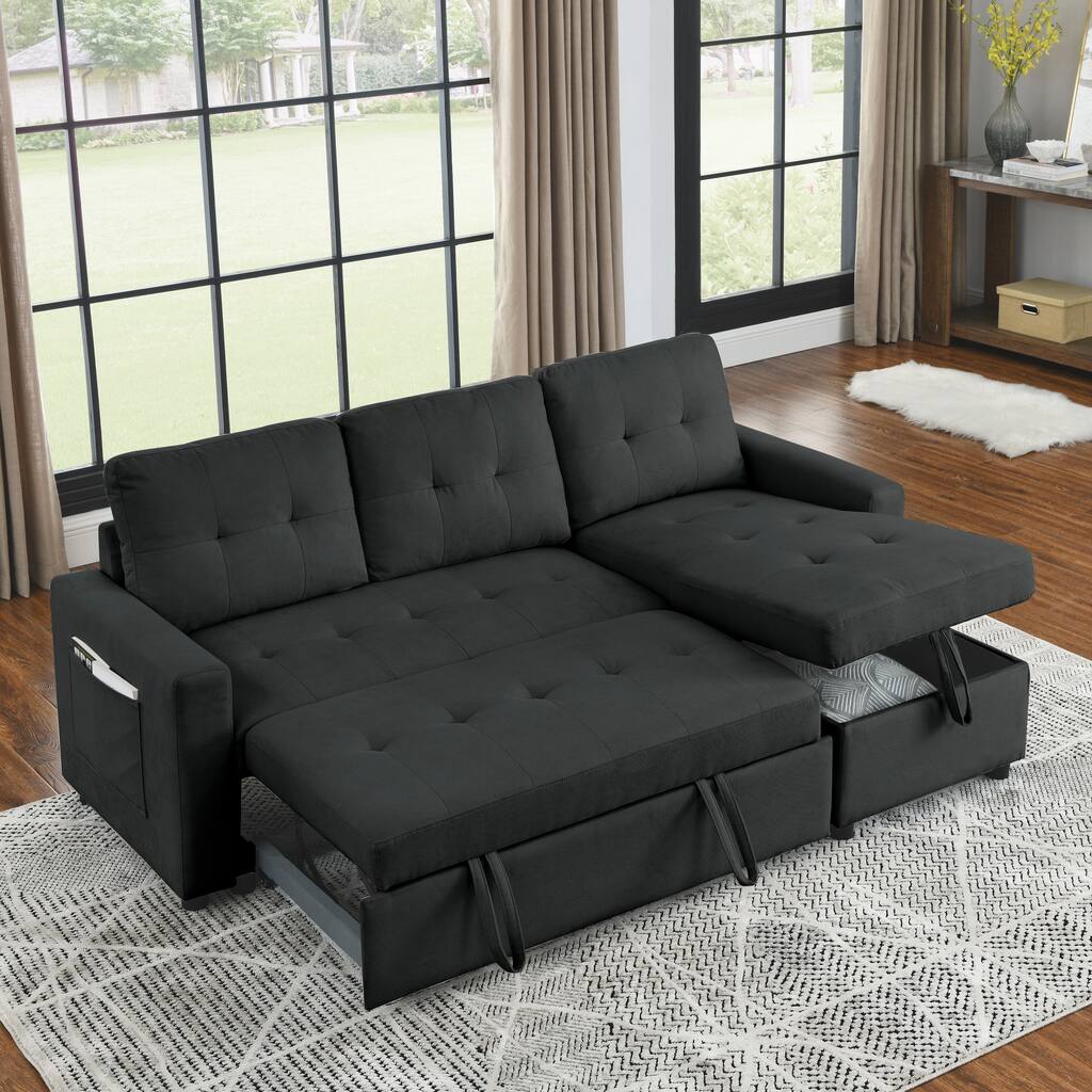 Black 78.5" 3-Seater Sleeper Sectional Sofa with Storage Chaise, Pull-Out Bed and Convenient Side Pocket