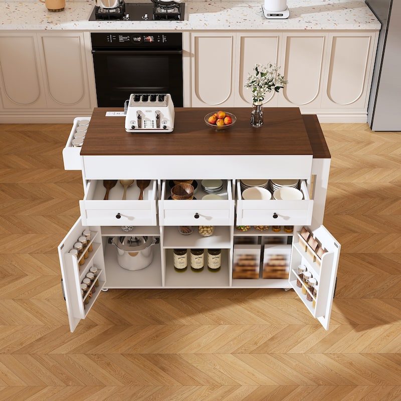 74.8"Kitchen Island with Extendable Dining Table & Power Outlet-Rolling Storage Cart on Wheels with 3 Drawers & 2 Door Cabinet