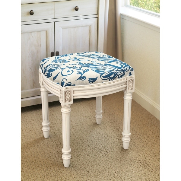 Navy Blue Tuscan Floral Vanity Stool antique white finish Bed
