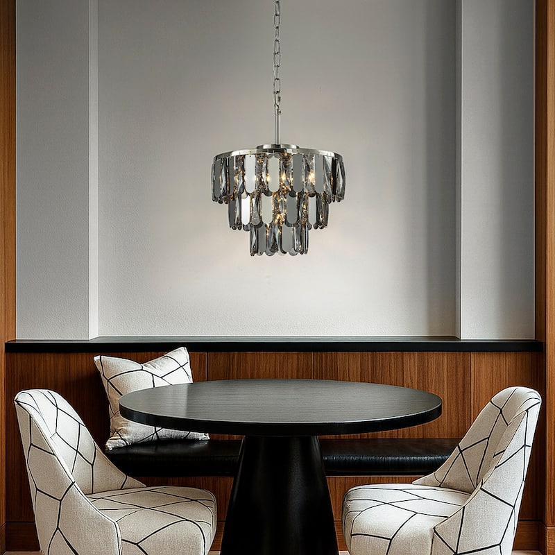 Dimmable Modern Smoked Crystal Chandelier Contemporary Round Polished Nickel Pendant Light Fixture for Dining Room Bedroom