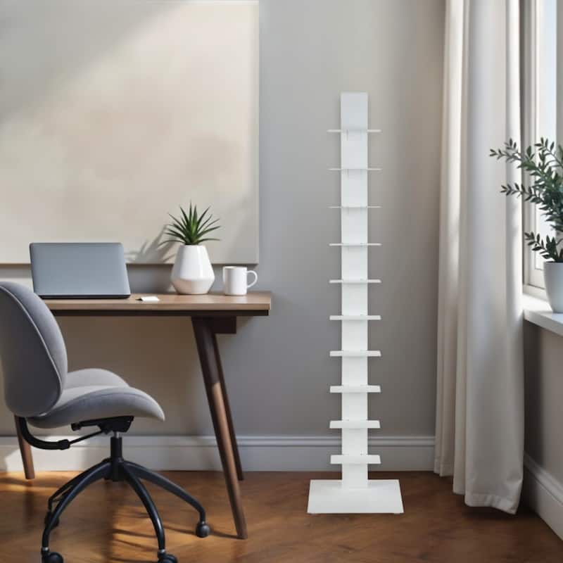 HomeRoots 60" Dark Gray Metal Ten Shelf Modern Tower Bookcase - 13.78" W x 59.85" H x 13.78" D - White