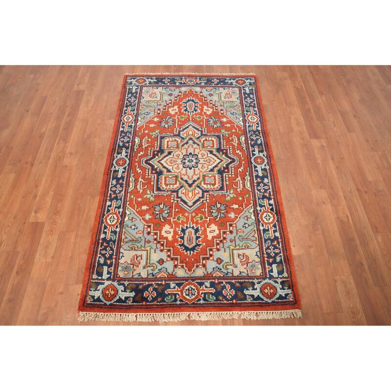 Hand Knotted Oriental 100% Wool Carpet Traditional Medallion Oranges & Rust Heriz (serapi) Area Rug - 5' 1'' X 3' 0''
