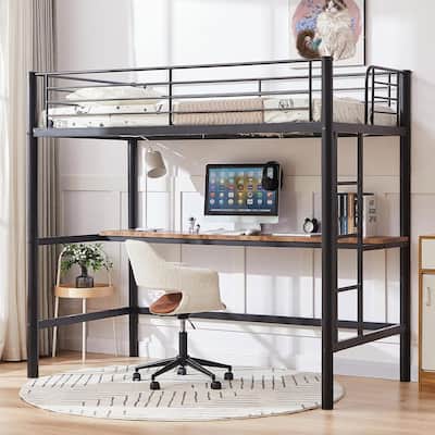 VECELO Twin Metal Loft Bed with Built-in Desk – Space-Saving Study Bed for Kids, Teens & Adults, No Box Spring Needed