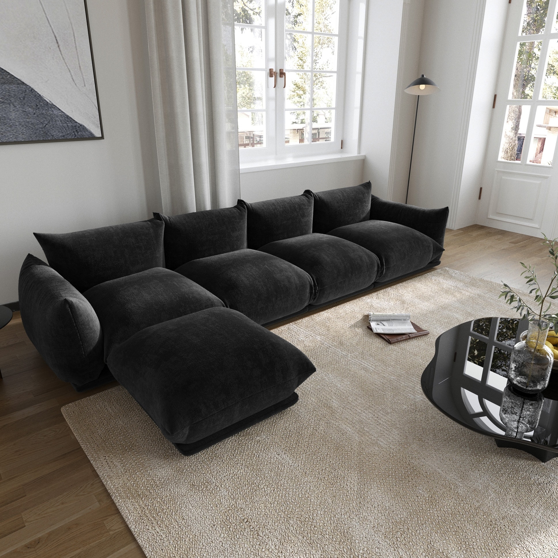 L-Shaped Sectional Sofa, Minimalist Chenille Modular Sofas Couches With Ottoman