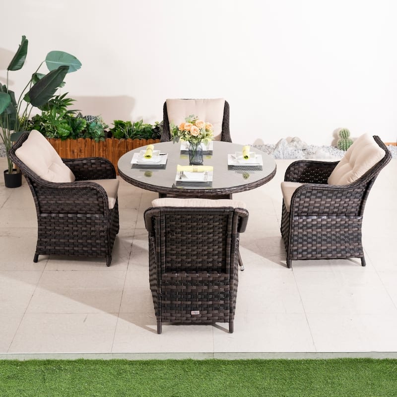 Modern 5-piece Outdoor Dining Set with Round Table and 4 Chairs - Brown