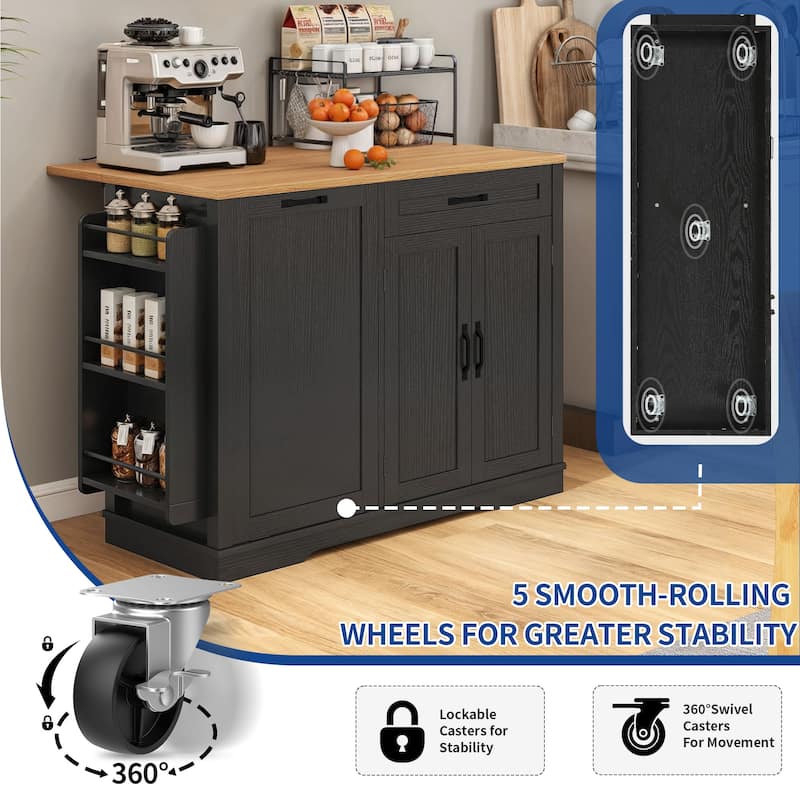Moasis Rolling Portable Kitchen Island With Trash Can Storage Cabinet and Drawer&Floating Tabletop