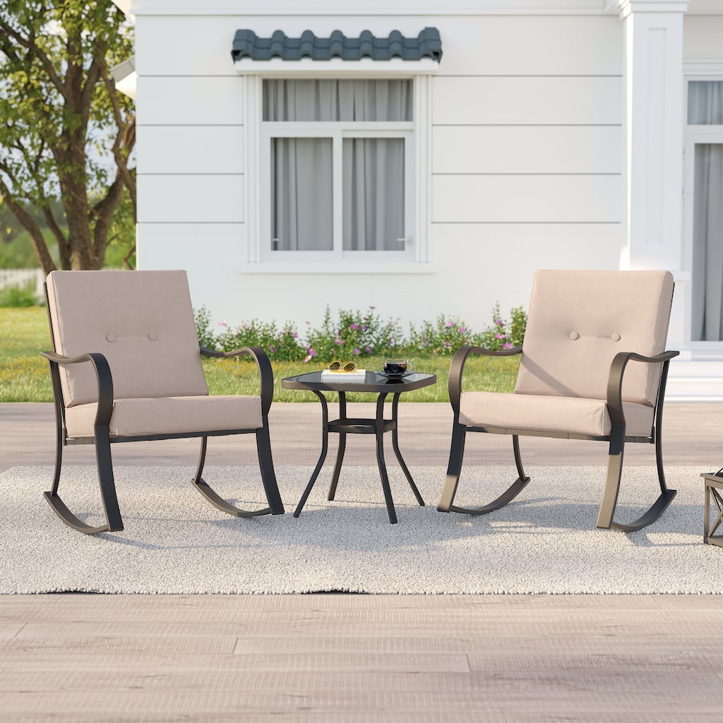 Bonosuki 3 Pieces Patio Bistro Set, Outdoor Funiture Set with 2 Rocking Chairs, Tempered Glass Top Coffee Table and Cushion