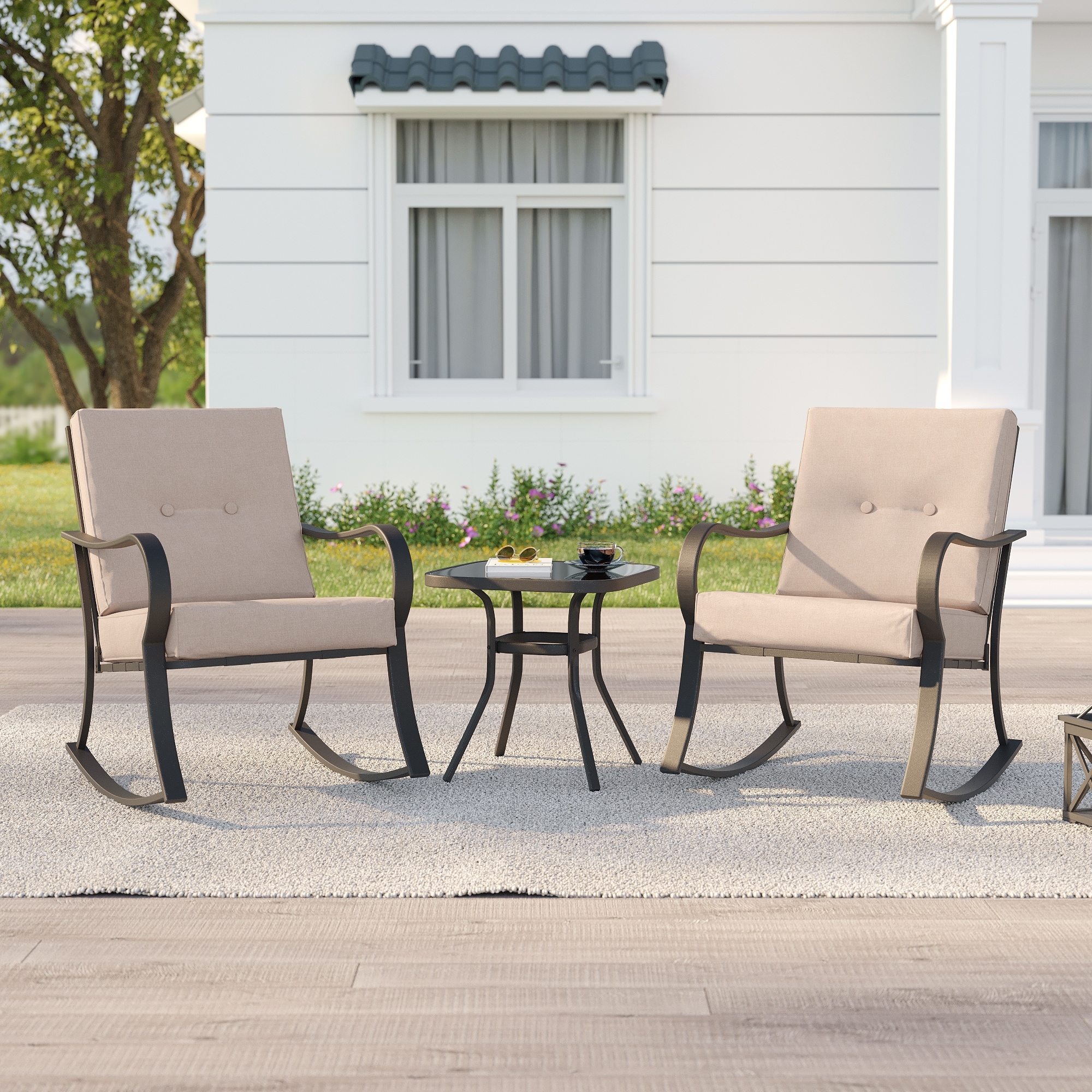 Bonosuki 3 Pieces Patio Bistro Set, Outdoor Funiture Set with 2 Rocking Chairs, Tempered Glass Top Coffee Table and Cushion