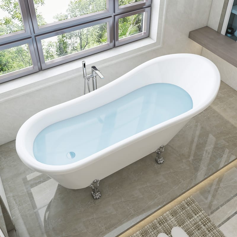 Vanity Art 68.9" Freestanding White Acrylic Bathtub Modern Stand Alone Soaking Tub with Polished Chrome & Pop-up Drain