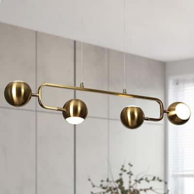 Modern 4-Light 31.5" Gold Brass LED Chandelier Metal Linear Island Lights for Dining Room