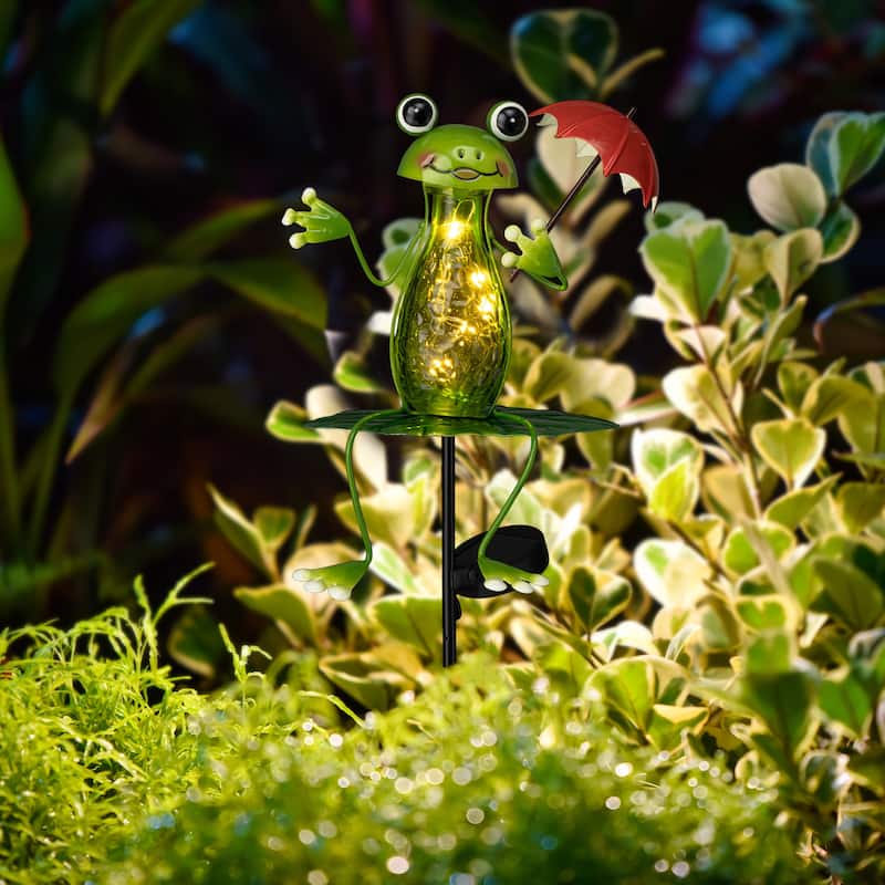 Glitzhome Outdoor Solar Lighted Garden Stake Frog Hummingbird Design
