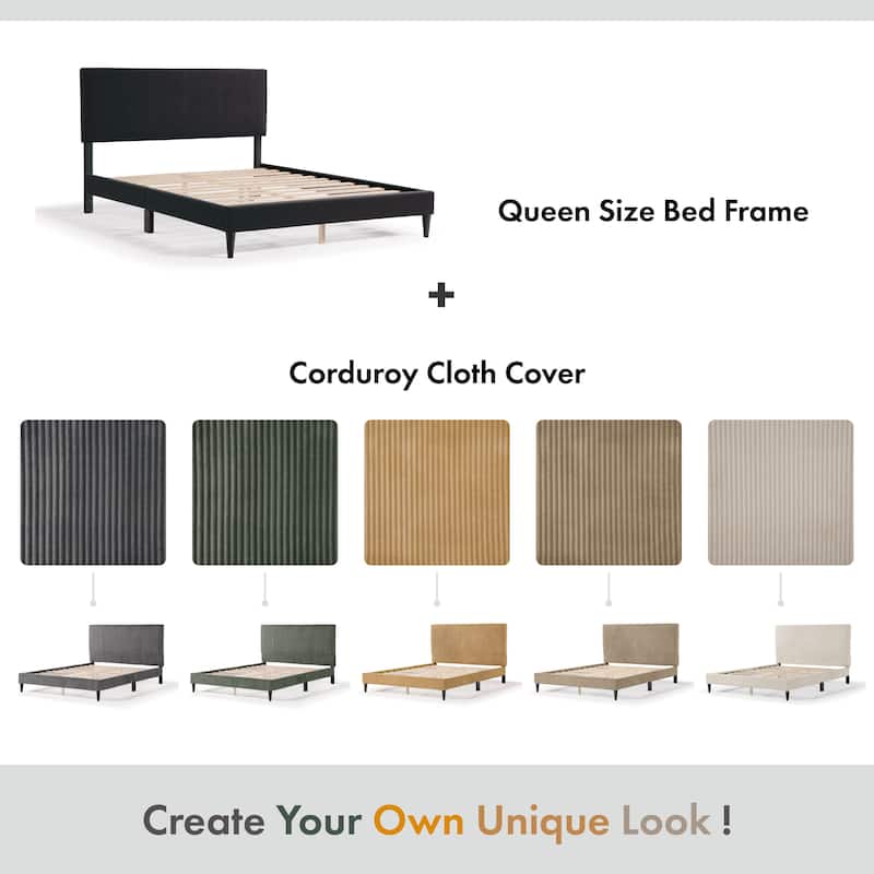 Furniture of America Modern Corduroy Queen Size Platform Bed, No Box Spring Needed