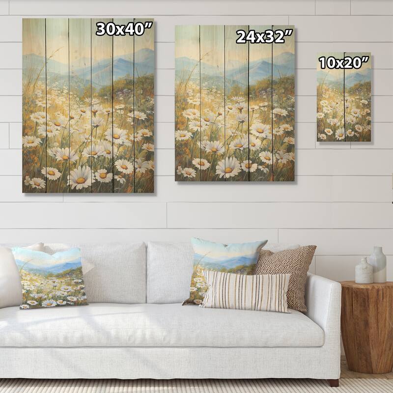 Designart "Mountain Daisies On Hill I" Flowers Wood Wall Decor - Traditional Beige Wood Panel On Natural Pine Wood