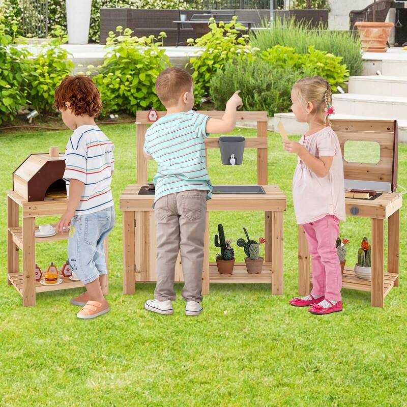 Costway 3-Piece Outdoor Wooden Kitchen Playset Kids Mud Kitchen BBQ - Natural - See Details - Natural - See Details