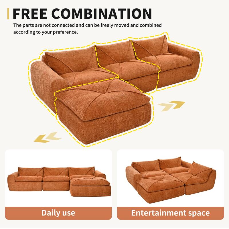 L-Shape Sectional Sofa with Ottoman, Chenille Sofa with Integrated Backrest & Seat Cushion, Fully Compressed Foam 4 Seat Sofa